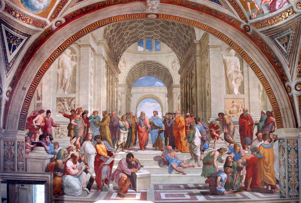 "A escola de Atenas" (1510) de Rafael Sanzio. Os renascentistas buscaram interpretar a antiguidade de uma forma específica. Os filósofos retratados não foram na maior parte contemporâneos. 