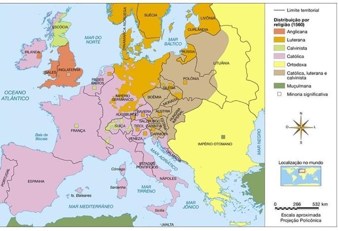 Mapa que mostra os focos de expansão do protestantismo na Europa.