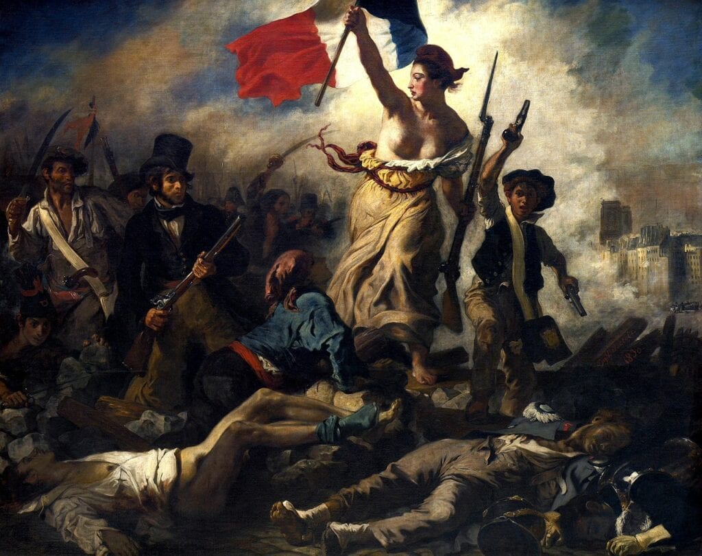 "A liberdade guiando o povo" (1830) de Eugène Delacroix. Retrata bem as lutas revolucionárias influenciadas pelo Iluminismo.