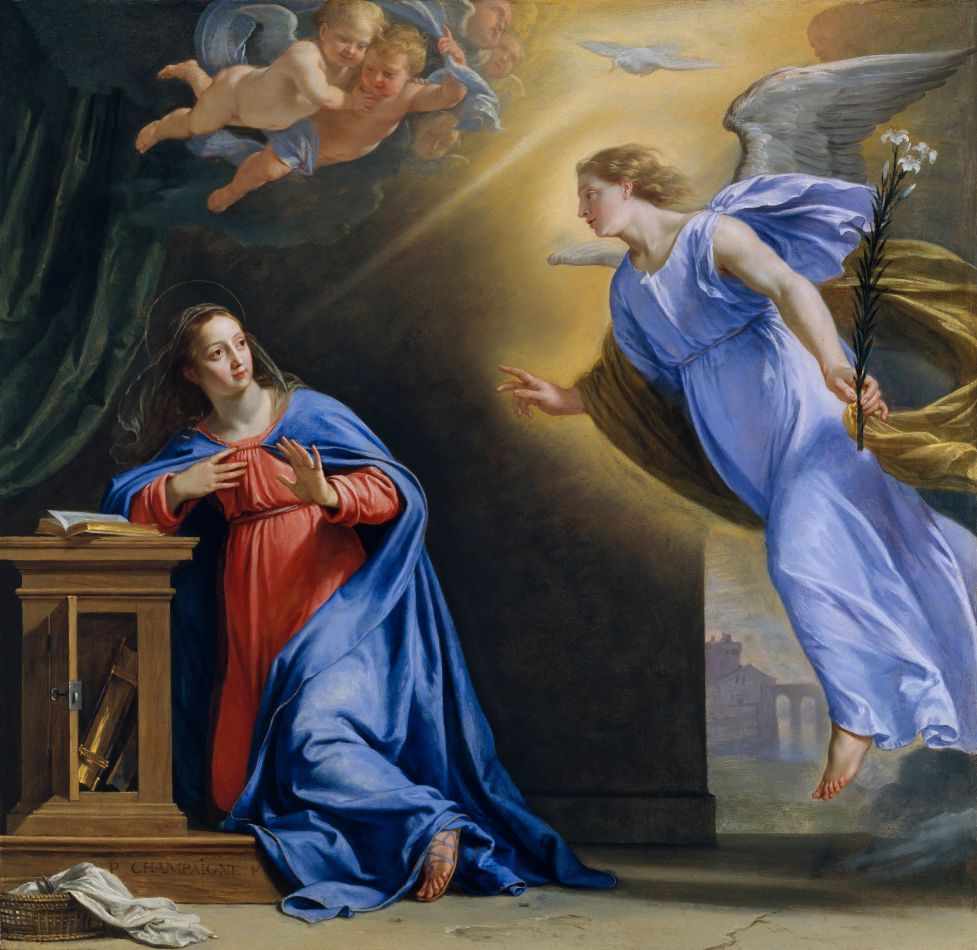 "Anunciação" de Philippe de Champaigne. O anjo Gabriel revela à Maria que dará à luz à Jesus.