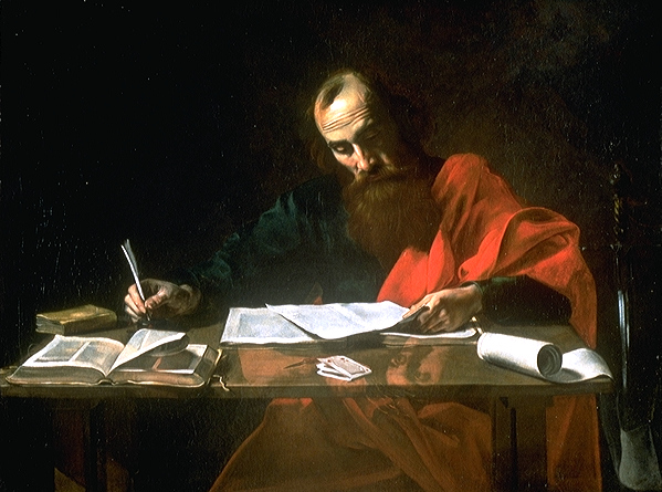 "São Paulo escrevendo suas cartas" por Valentin de Boulogne. Paulo é chamado de apóstolo dos gentios, porque pregava principalmente para os não-judeus.