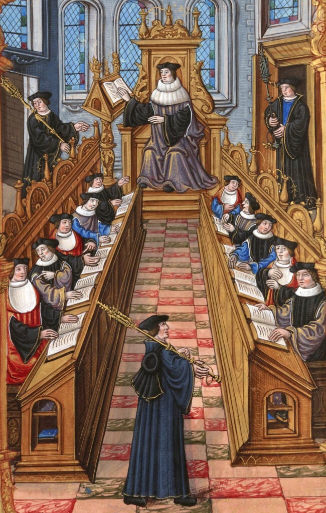 Arte do período medieval que reflete a autoridade dos mestres do ensino. Fonte: Wikipedia.